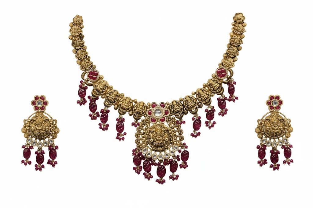 Padmashree Ruby Drop 22K Gold Temple Necklace Set