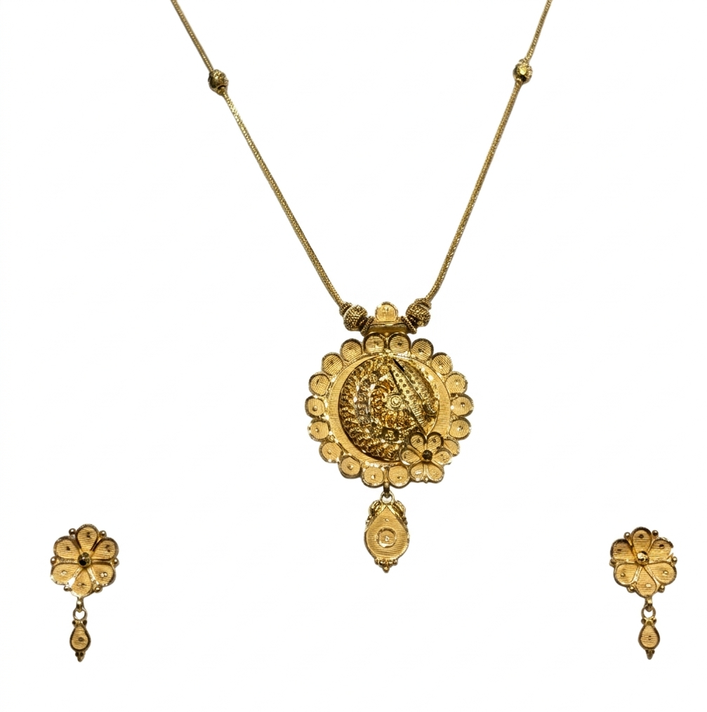22K Gold Floral Drop Diamond-Cut Pendant Set