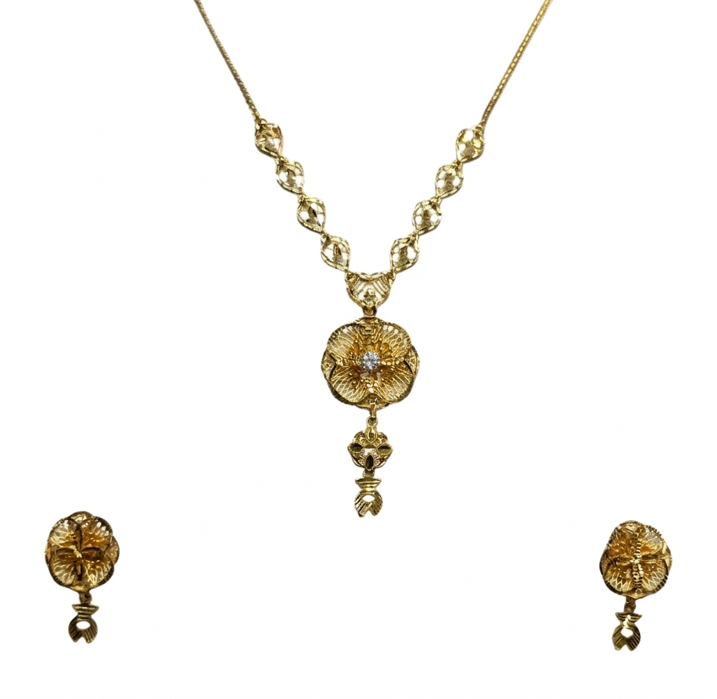 22K Gold Sunflower Bloom Drop Pendant Set