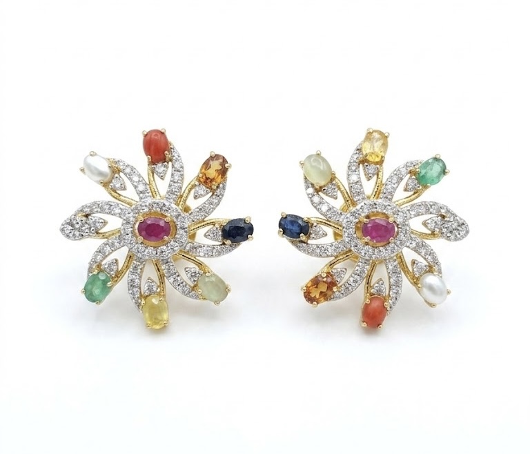 Multicolor Floral Diamond Stud Earrings