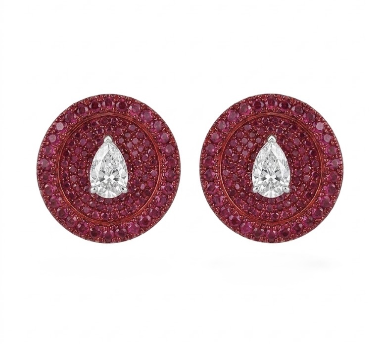 Crimson Halo Diamond Stud Earrings