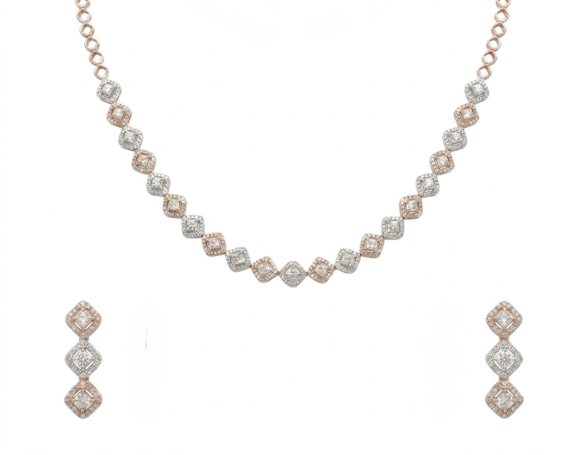 Geometric Diamond Link Necklace Set in 14K Rose Gold