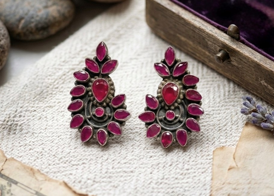Ruby Bloom Silver Statement Earrings