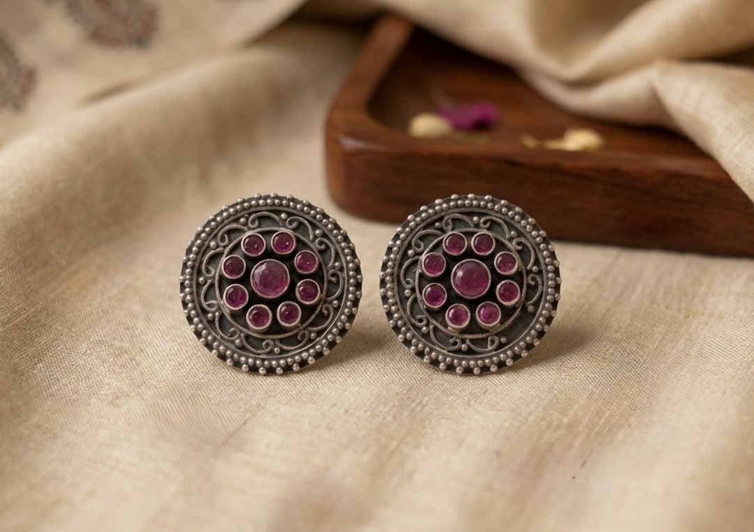Antique Ruby Mandala Silver Earrings