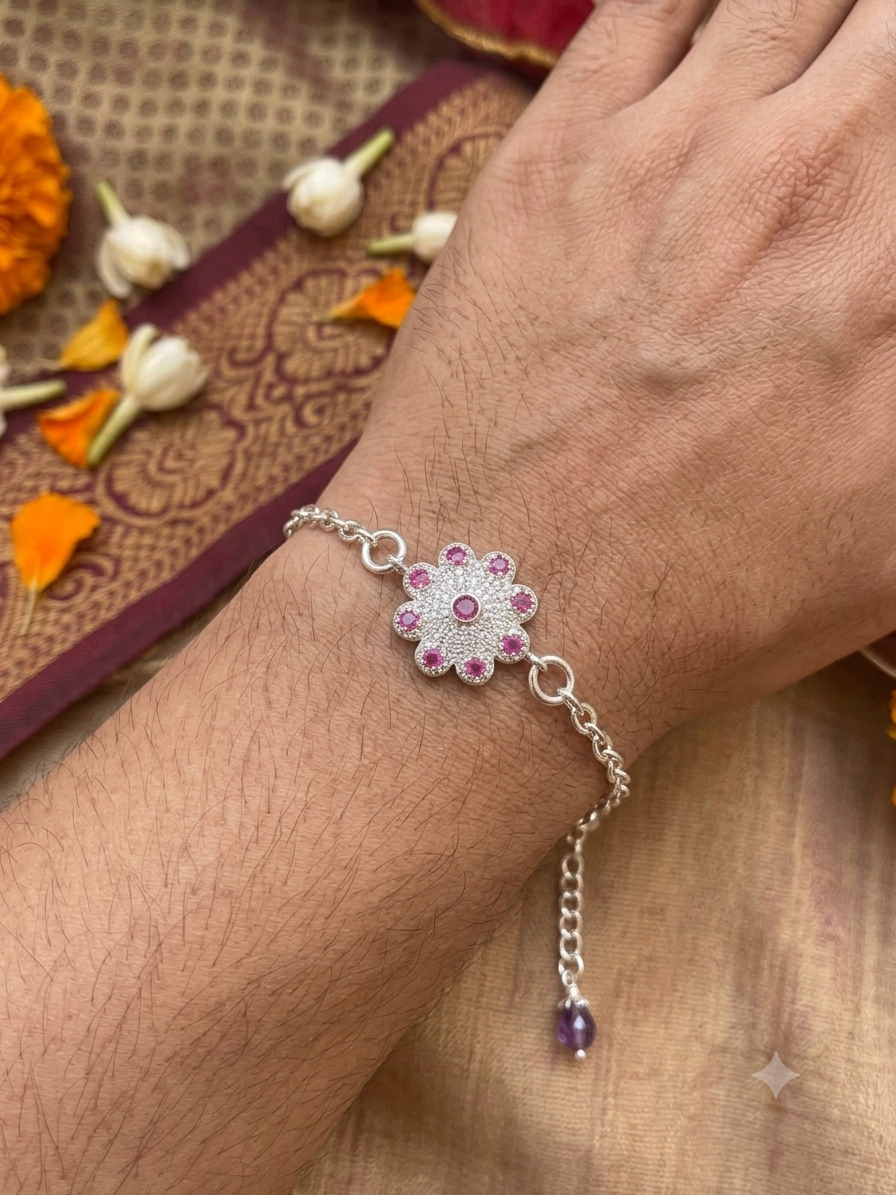 Silver Pink Blossom Rakhi