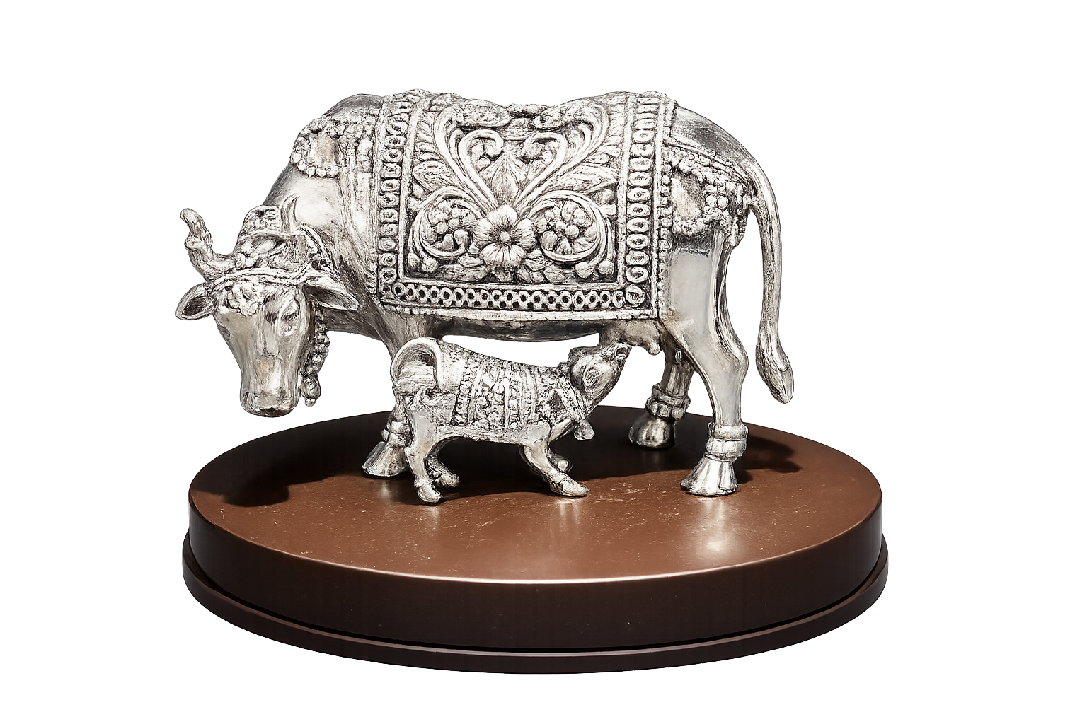 Silver Kamdhenu Cow & Calf Decorative Statue 1