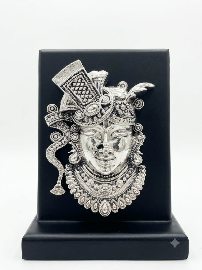 Silver Shrinathji Face Idol with Premium Display Case