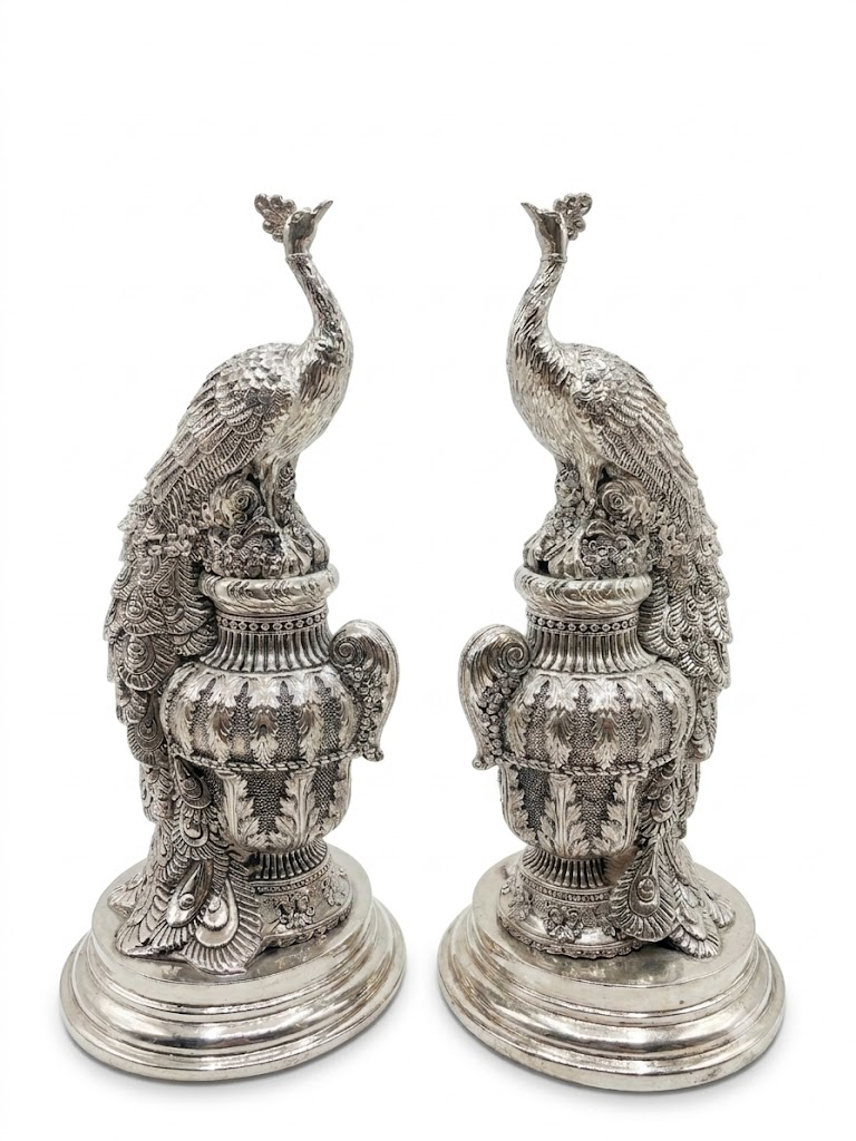 Silver Royal Peacock Decorative Pair