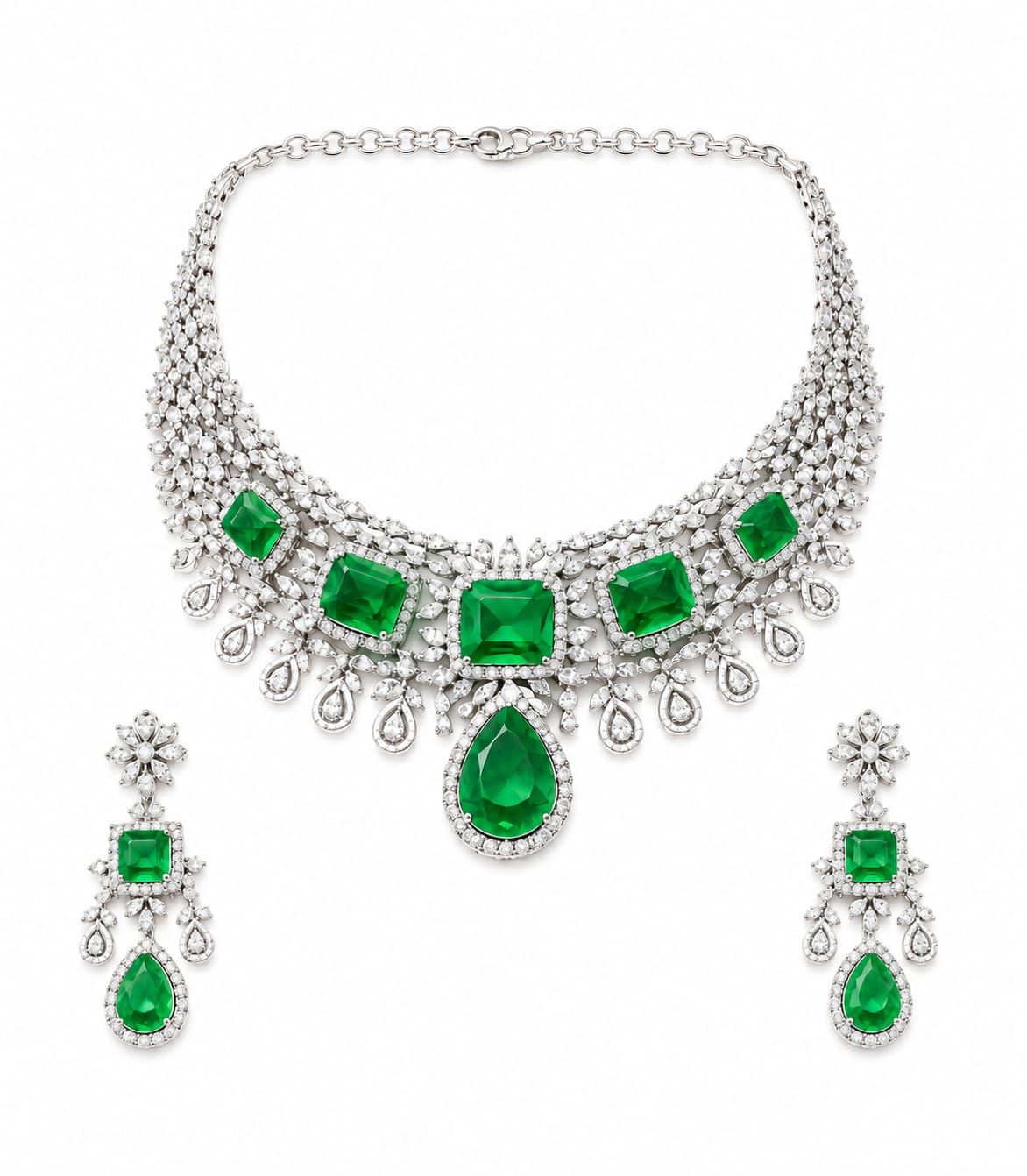 Emerald Green Square Pendant Necklace Set