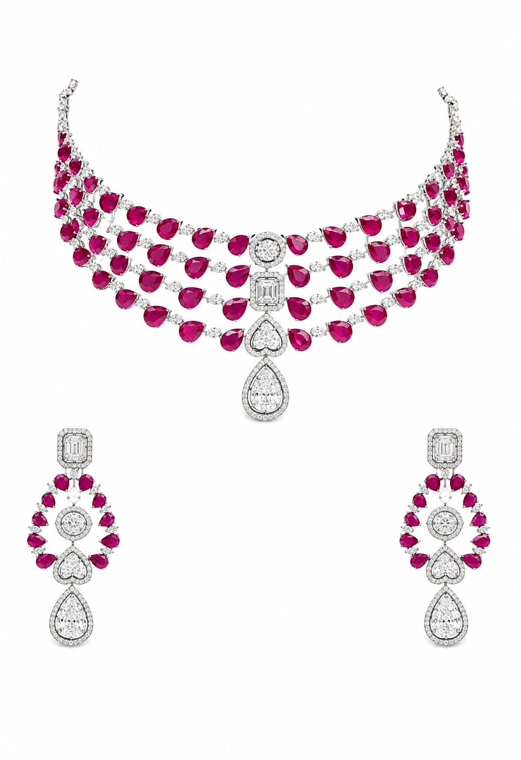 Ruby Pink Triple Layer Designer Necklace Set
