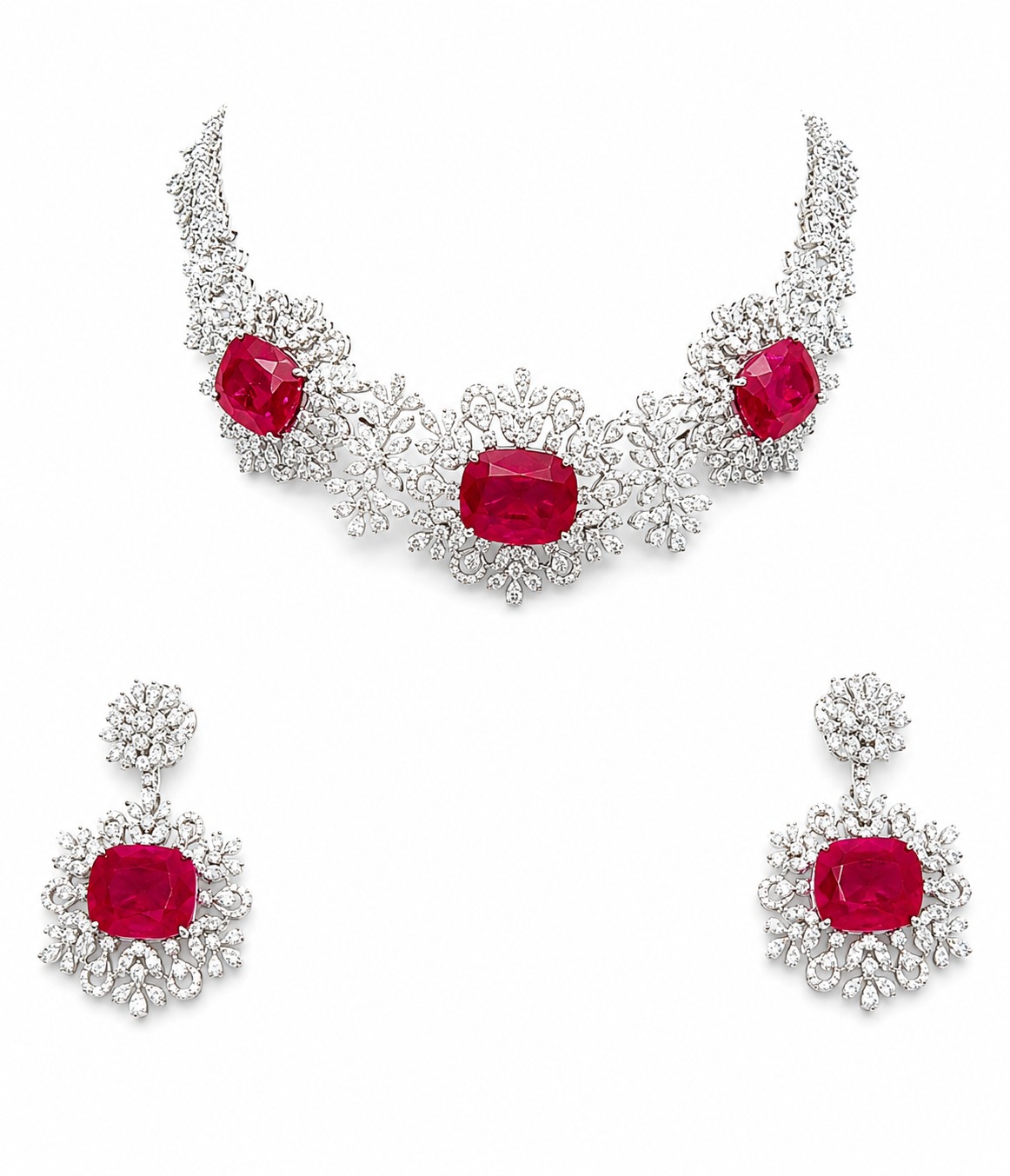 Ruby Red Three Stone Necklace Set