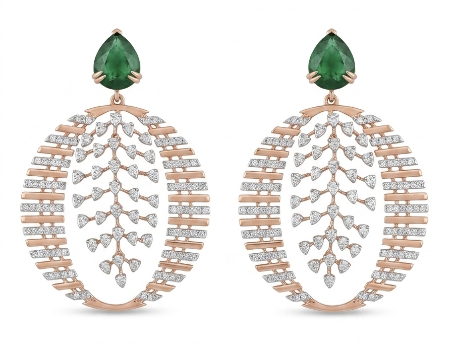 14K Emerald Leaf Diamond Drop Earrings
