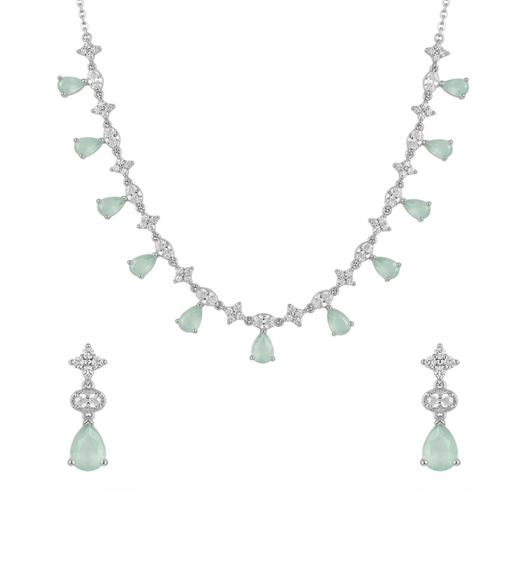 Mint Green Drop Silver Necklace Set