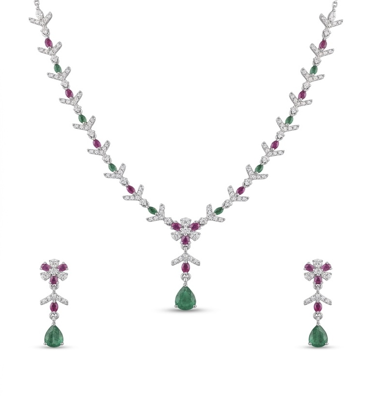 Emerald & Ruby Floral Silver Necklace Set