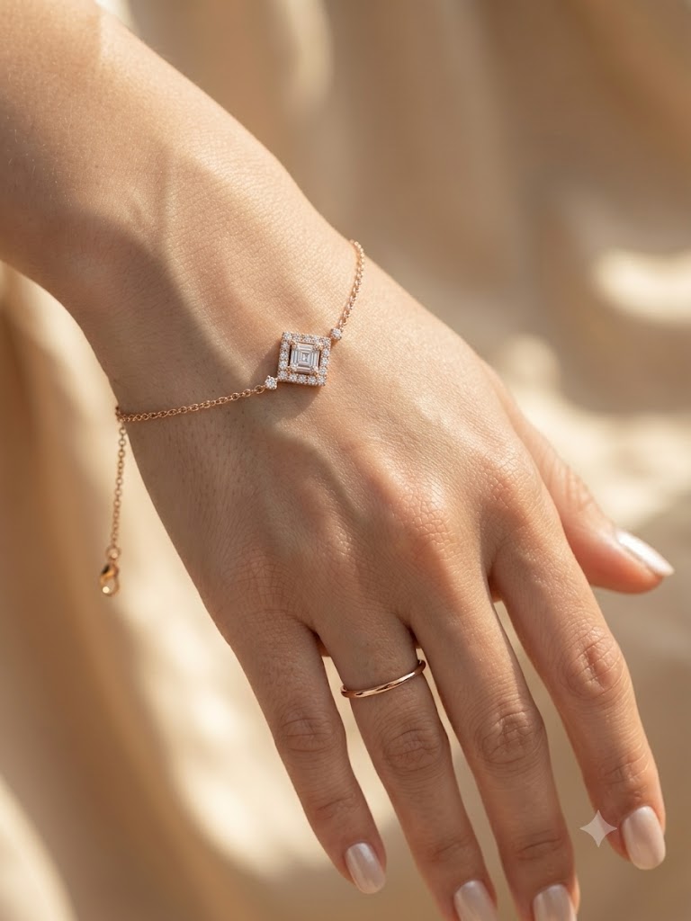 14K Rose Gold Diamond Square Halo Bracelet/Rakhi