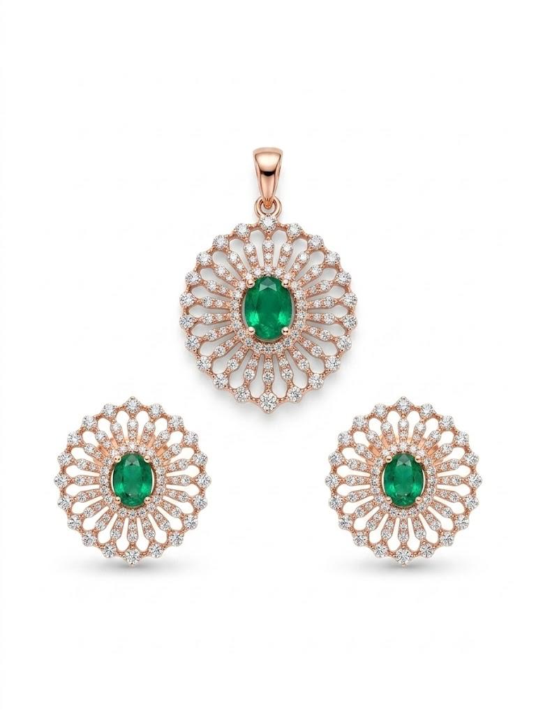 Emerald Diamond Sunburst Pendant Set