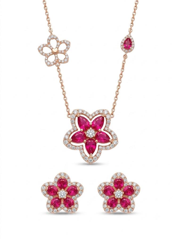 Ruby Diamond Flower Pendant Set