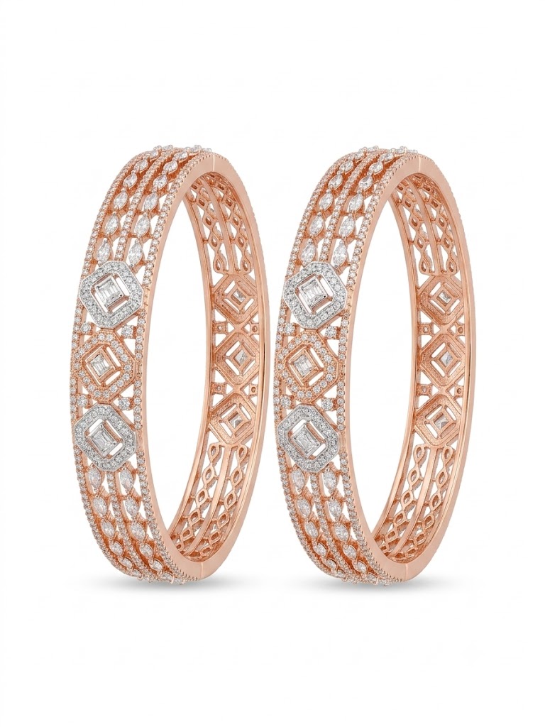 Rose Gold Diamond Deco Panel Bangle Pair