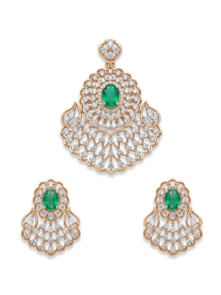 Emerald Diamond Fan Halo Pendant Set