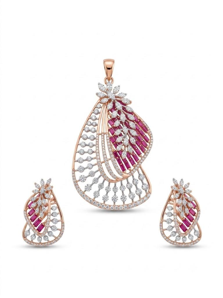 Ruby Diamond Leaf Pendant Set