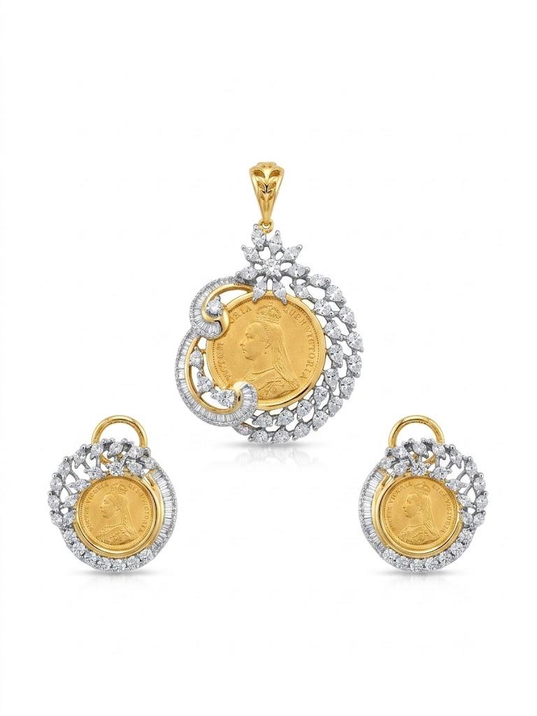 Victorian Coin Diamond Pendant Set