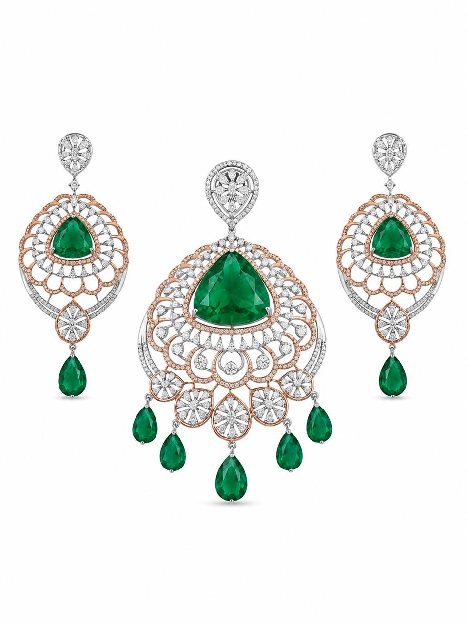 Emerald Diamond Chandelier Pendant Set