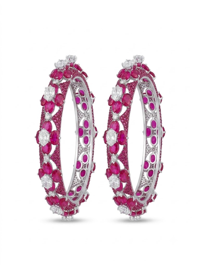 Ruby Diamond Floral Eternity Bangle Pair