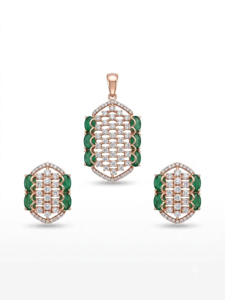 Emerald Diamond Lattice Pendant Set