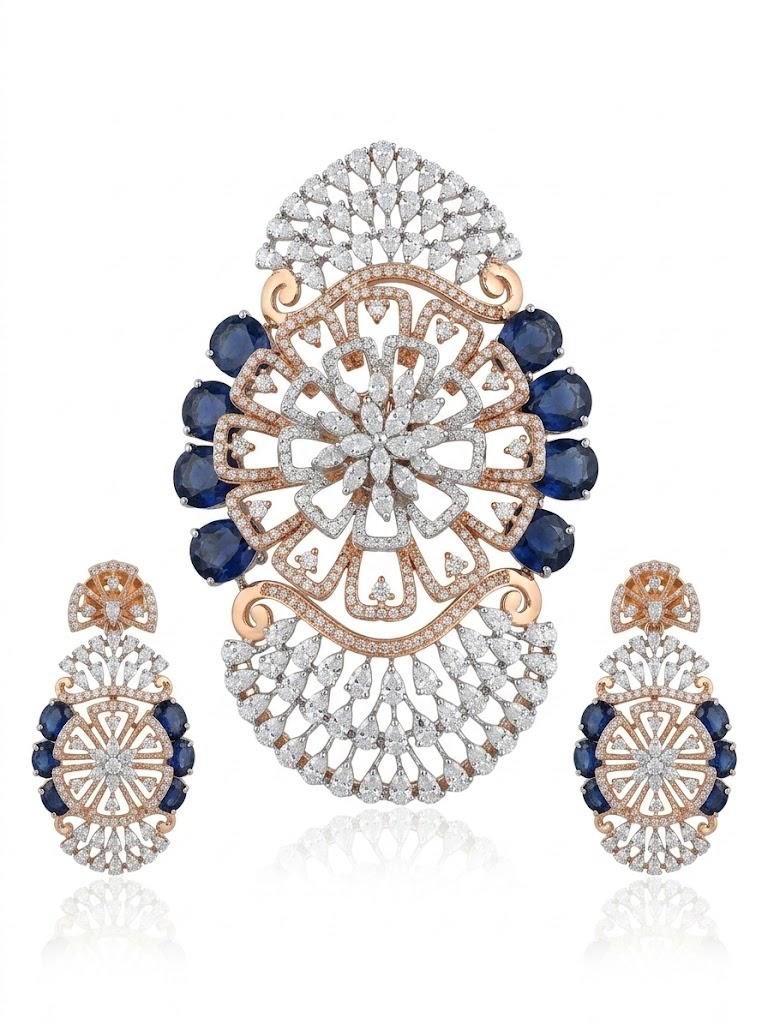 Sapphire Diamond Scroll Pendant Set