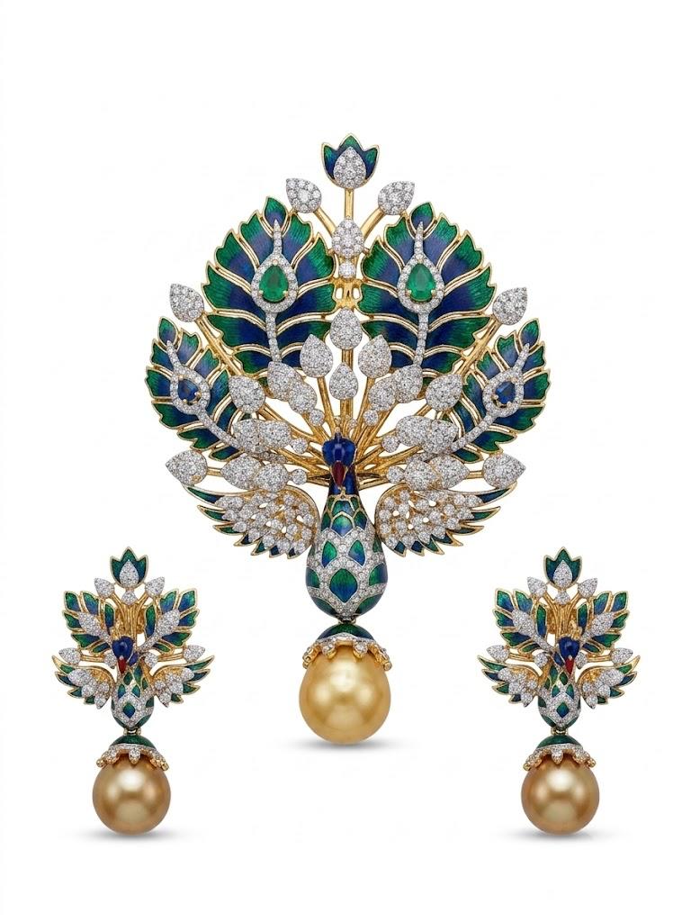 Enamel Peacock Pearl Pendant Set