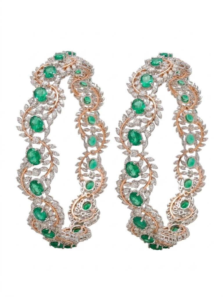 Two-Tone Emerald Diamond Vine Bangle Pair
