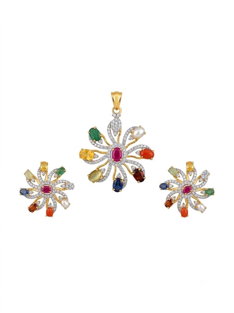 Multi-Gem Rainbow Flower Pendant Set