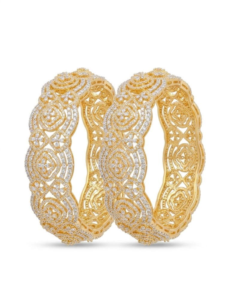 Gold Diamond Filigree Scalloped Bangle Pair