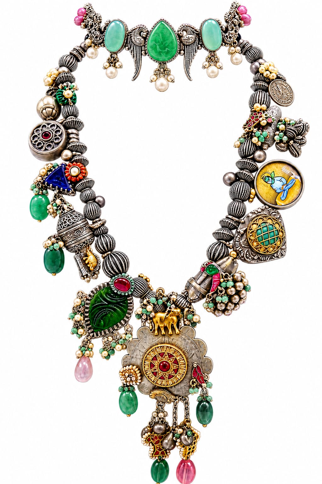 Oxidized Silver Heritage Multicolor Designer Choker & Necklace Set