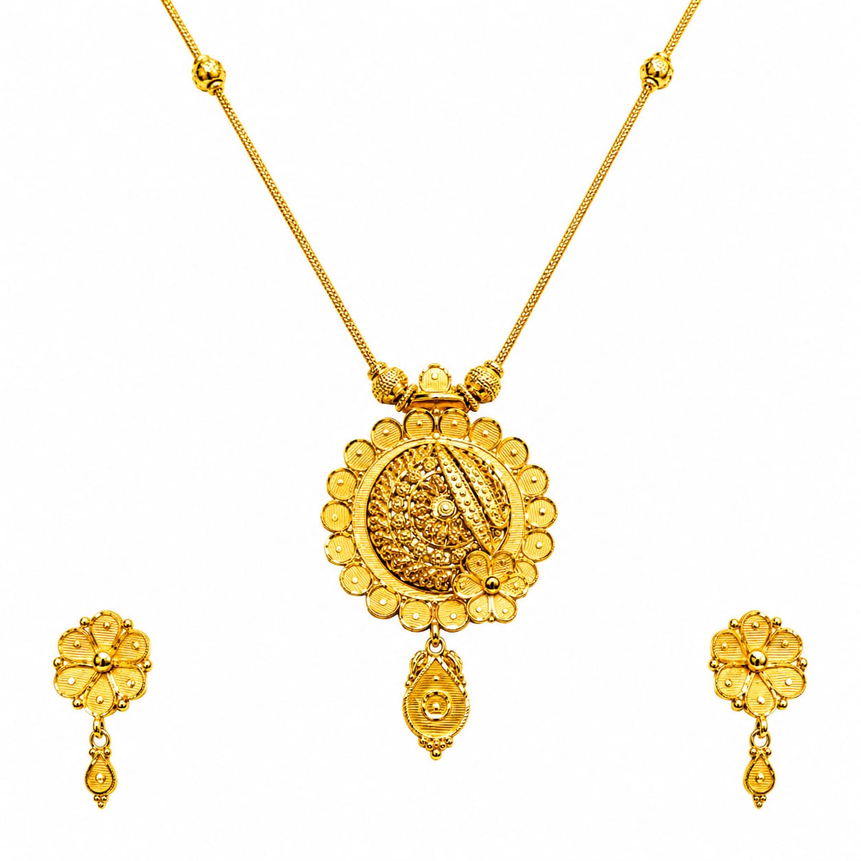 22K Gold Floral Drop Diamond-Cut Pendant Set